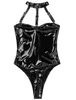 Damskie Kostiumy Nocne Kostiumy Sexy Dance Clubwear Wetlook Patent Leather Lingerie Halter Neck Wysokiej cięcia Strappy Biust Teddy Body