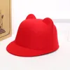 2019 Plain Wool Felt Fedora Hat with Cute Cat Ears for Kids and Adult Casual Parent-child Equestrian Cap Trilby Bowler Caps