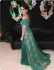Green Mermaid Evening Dresses Scalloped Bateau Short Sleeves Lace Sweep Train Plus Size Custom Made Prom Party Gowns Formal Occasion Wear