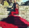 브라질 와인 붉은 색 여성 긴 꼬리 Fishtail 이브닝 드레스 Watteau 벨벳 High_End 맞춤형 인어 레드 이브닝 드레스