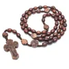 Nova moda artesanal de alta qualidade rodada Bead Católica Rosário Cruz religiosos Castanho Madeira Beads Mens Rosário Colar Deus te abençoe