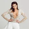 Sexy High V-neck White Jumpsuit Lace Appliqued Beaded Long Sleeves Ruched Satin Party Gown Sweep Train Custom Made Long Evening Dress