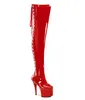 KALMALL Black White Red Patent Leather Sexy Fetish Heels Exotic Pole Dancer Stripper Shoes Zip Strappy Platform Thigh High Boots