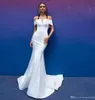 New Arrival Mermaid Wedding Dresses With Detachable Train Off The Shoulder Short Sleeve Pleats Open Back Satin Beach Bridal Gowns265G