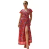 Sexig v-hals split blommig maxi klänning boho avslappnad lång chiffong sommar strand klänning kvinnor skönhet vestidos