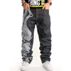 Jeans larghi con ricamo Hip Hop da uomo Pantaloni larghi in denim Skateboard