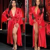 Robe Lingerie por Mulheres Sexy Long Sleeve Lace Kimono cetim Pijamas Nightgowns Pijama com Belt