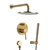 Unterputz-Duschset aus Messing, Warm-Kalt-Mischbatterie, 10-12-Zoll-Duschkopf mit Handbrause, gebürstetes Gold oder Schwarz, 16-010