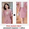 Roze pak rok en blazer set vrouwelijke houndstooth volledige mouw jas + rok 2 stuk set plus size zakelijke draag dame uniform