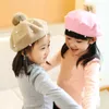 Children Pompoms Beret Hat Solid Color Pearl Cap Girls Winter Wool Painter Hats For 3-6 Years Kids Beanie Accessories