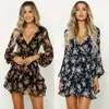 Womens mousseline en mousseline à manches longues Boho Floral Summer Party Evening V-Neck Beach Short Mini Robe Sundress S-XL Femme