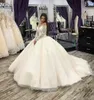 Великолепная принцесса бальное платье свадебное платье Дубай Arabic Sheer Neck с длинным рукавом Кружева-Up кружева аппликация свадебное платье Платье De Novia