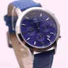 Barato AEHIBO Batería de cuarzo Número romano Marcadores de hora Relojes para hombre Relojes 43 MM Dial azul Cronógrafo Relojes de pulsera Hardlex Banda de cuero