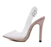 Элегантный обнаженные каблуки ПВХ четкая прозрачных туфли женщина слинг обратно заостренный носок насосы размера 35 до 40