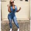 Wjustforu magro rasgado denim jumbsuit mulheres mangas sem mangas zíper buraco jean jumpsuit feminino bodysuit moda bodysuit