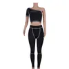 Sporty Moda Aktywna Nosić Czarne Dresy Fitness One Ramię 2 sztuki Zestaw Kobiet Trening Crop Top I Legginsy Zestawy