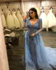 Ice Blue Shining Prom Dresses Deep V Neck Sheer Długie Rękawy Suknie Wieczorowe Overtkirts Style Sweep Pociąg Formalna Party Dress Custom