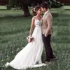 Varrer Cap-mangas Chiffon Lace Appliqued nupcial vestidos baratos Comboios com Belt Vestido de Noiva 2019 Vestidos de casamento Trouwjurk