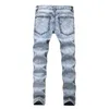 Pencil Jeans Men Denim High Elastic Waist Worn Out Slim Fit Snow Pale Blue Pocket Zipperd Long Pants