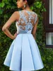 Sky Blue Short Prom Dresses Lace Appliques Satin Ruffle Mini Evening Gowns Plus Size Cooktail Dress Special Ocn Homecoming Gown