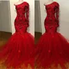 Prom Elegant Red Dresses One Shoulder Long Sleeves Mermaid Evening Gowns Lace Appliques Beads Handmade Flowers Special Ocn Dress 0420