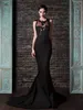 Rami kadi prom klänningar sjöjungfru svart juvel nacke bodice spetsar applikationer rygglösa domstol tåg aftonklänningar formella slitage