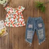 2PCS Baby Mädchen Kleinkind Ananas Kleidung Kinder Off Schulter Tops + Zerrissene Denim Shorts Outfits Set A-823