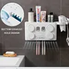 4 in 1 Automatic Toothpaste Dispenser Wall Mounted Toothbrush Holder + Cups Hair Dryer Holder Bathroom Set Storage Shelf Rack