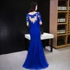 Robe de soirée sirène bleu Royal, col en V, en Tulle, avec bouton au dos, manches longues, 2020, 3/4