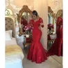 2019 novos vestidos de renda vermelha formal vestidos de noite desgaste de mangas compridas pérolas sereia elegante árabe steven khalil festa de pré-festa especial ocasião vestidos