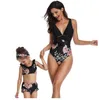 2019 new family matching bikini swimming kids floral printed falbala split swimsuits mommy and me swimwear Bows one piece beachwear Y1067