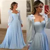 Sweetheart Långärmade A-Line Sky Blue Prom Klänning med Blommor Appliques Ladies Evening Party Gowns Custom Made