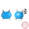 Turkusowe kolczyki Cat Noble Modne S925 Sterling Silver Blue Diamond Mosaic Plug-in Stud Earring Lovely Popular Trendy Urodziny