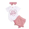 Abbigliamento set 0-18m Baby 3pcs Cuore Stampa manica corta Rompertop Shorts Shorts Set Elegante Fascia Abbandonata Infant carina dolce ragazza