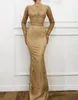 Złote Syrenki Suknie Wieczorowe 2020 Klejnot Neck Lace Zroszony Piętro Długość Długie Rękaw Prom Dress Arabic Dubai Okazję Formalne Suknie
