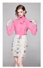 Europeu novo design feminino gola rosa cor rosa laço retalhos bonito doce manga longa blusa camisa plus size m277i