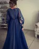 Blue Appliqued Long Sleeves Evening Dresses Jewel Neck Pleated Arabic Plus Size Prom Gowns A Line Floor Length Tulle Formal Dress2539