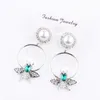Wholesale-fashion luxury designer exaggerated diamond rhinestone cute bee pearl circle long drop dangle chandelier stud earrings for women