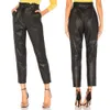 Womens Ladies Casual Skinny Wet Look PU Leather High Waist Stretch Pants Belted Pencil Trousers Black