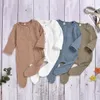 Baby Pheties Детские мальчики Девочки сплошной статьи Pit Passuits Младенческие плещеные карманные Rompers Newborn с длинным рукавом вязаные кнопки oneyies Py716