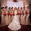 Günstige Brautjungfernkleider 2019 Gold funkelnde Pailletten Ehren der Trauzeugin formelles Kleid für Hochzeitsfeiergäste mit Flügelärmeln Kuhrücken