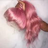 Brasiliansk jungfrulig mänsklig hår peruk 13x4 rosa färg blekade knutar naturliga hårfäste spetsar front med baby hår