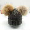 Gorro de invierno para niños con 2 uds. De pompones de piel para niños y niñas, gorro con bola de pelo Natural, gorros para niños, gorro con pompón de piel Real doble para niños