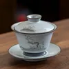 Retro ru forno gaiwan jingdezhen pintados à mão pintura a tinta capa tigela grande abertura filme doméstico tigela de chá terrina