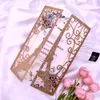 Rose Gold Laser Cut Gate Fold Wedding Invitations Eiffel Tower Sparkle Invitation Card för Bridal Brunch med rött band DIY QUINC6153939