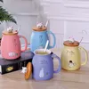 Taza resistente al calor de gato sésamo, taza de dibujos animados de color con tapa, taza de cerámica para café con leche de gatito, tazas para niños, regalos de oficina