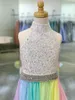 Sequins Romper with AB Stone Rainbow Chiffon Skirt Halter Neck Little Girl Pageant Dress Zipper Back Sleeveless224k