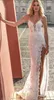 2020 Spaghetti Beach Bröllopsklänningar Lår Hög Slitspets 3d Floral Appliques Mermaid Bröllopsklänningar Baklösa Sexig Boho Bridal Dress