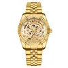Reloj de pulsera CHENXI, puntero luminoso, esqueleto dorado, reloj hueco, reloj de negocios para hombres, 001, bisel dorado, esfera analógica, hebilla plegable