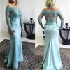 2020 Turquoise Mermaid Mother Of The Bride Dresses Off Shoulder Lace Appliques Long Sleeves Plus Size Party Dress Wedding Gues197a